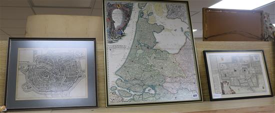 Dutch School, coloured engraving, Map of Hollandia, 56 x 48cm, a city map of Le Haie, 23 x 33cm and